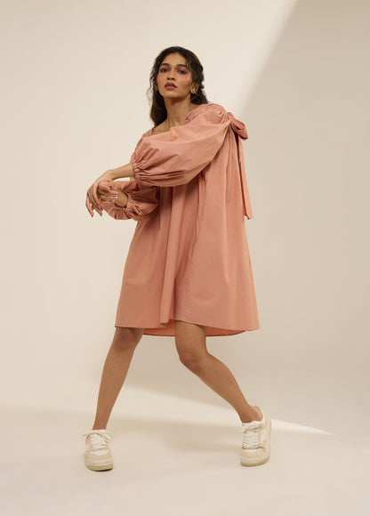 OFF-SHOULDER DRESS WITH BALLOON SLEEVE & TIE-UPS