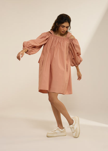 OFF-SHOULDER DRESS WITH BALLOON SLEEVE & TIE-UPS