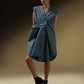 SLEEVELESS DRESS WITH ASYMMETRICAL FRONT PLEAT AND SHOULDER PADS