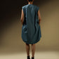 SLEEVELESS DRESS WITH ASYMMETRICAL FRONT PLEAT AND SHOULDER PADS