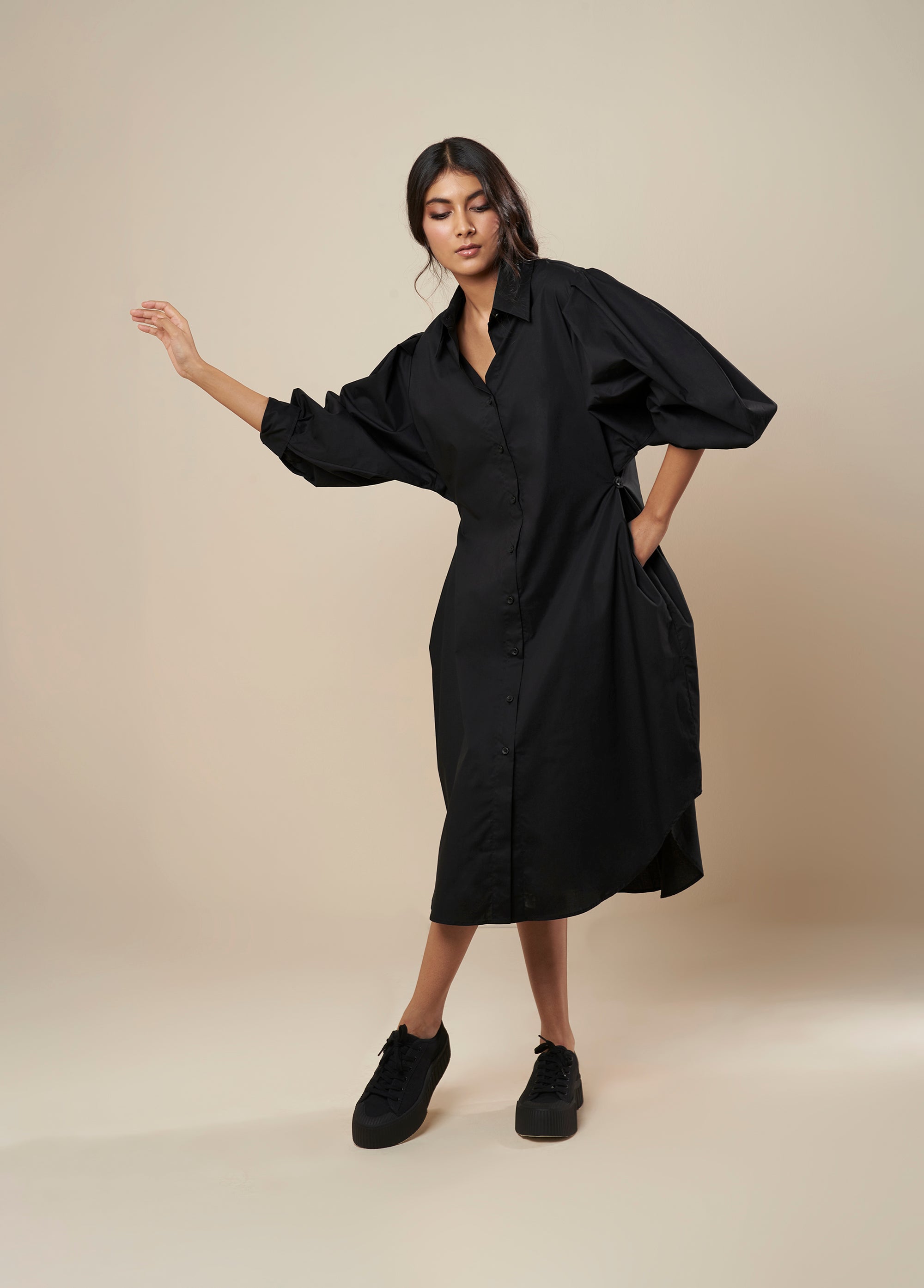 SHIRT DRESS WITH PLEATED SLEEVE AND SIDE BUTTON DETAIL – WhimByPoorvi