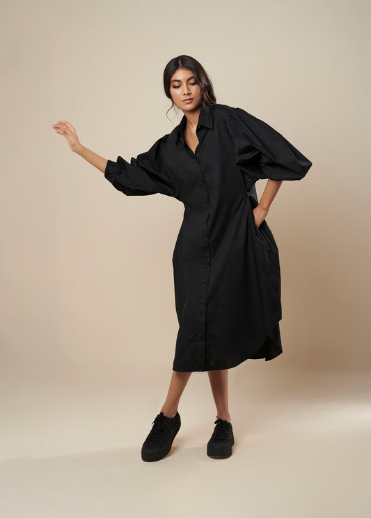 SHIRT DRESS WITH PLEATED SLEEVE AND SIDE BUTTON DETAIL