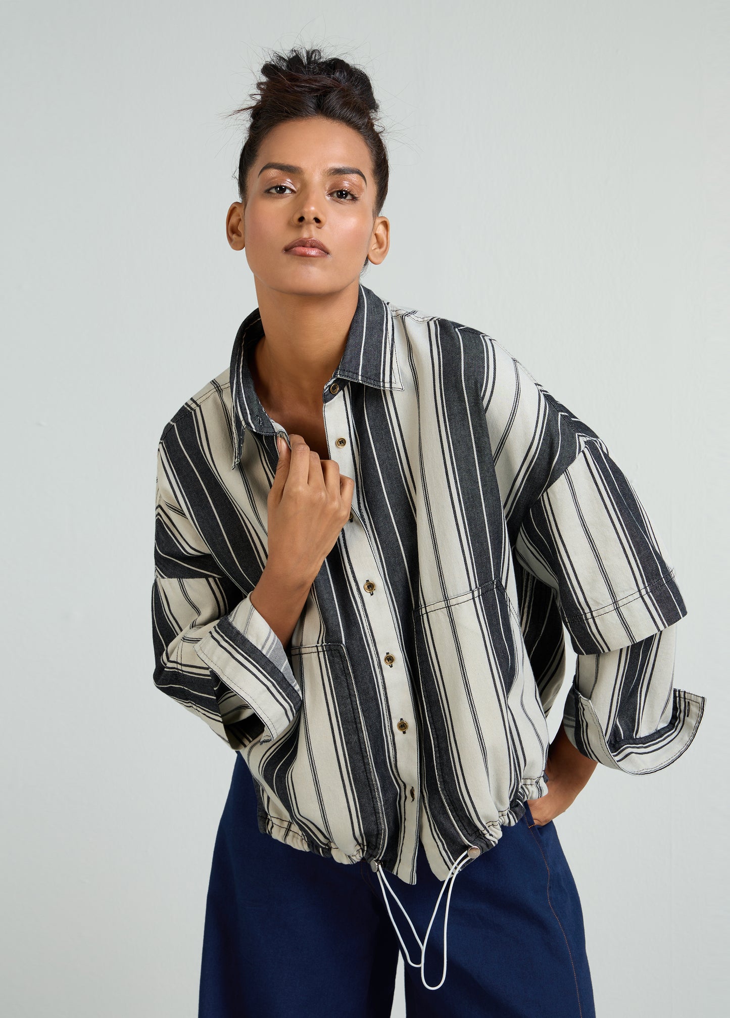 SHIRT WITH DOUBLE SLEEVE AND FRONT ROUCHE DETAIL